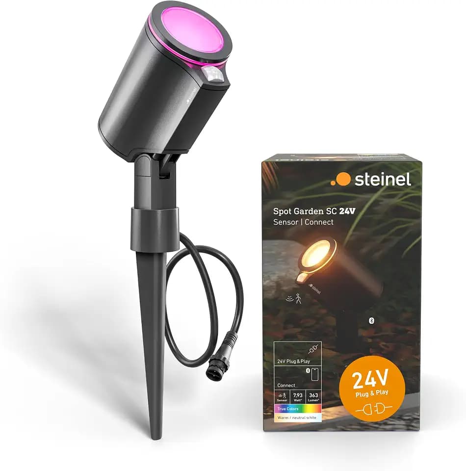 Steinel Gartenstrahler Spot Garden SC 24V, inkl. Erdspieß, RGBWW, 16 Mio. Farben, Bewegungsmelder, dimmbarer, App-Steuerung, Plug & Play, IP65