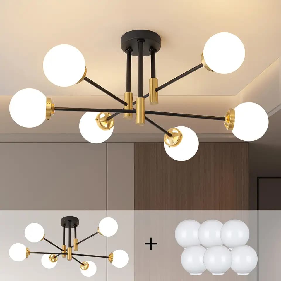 Biewalk Sputnik Ceiling Light Fixture 6 Light with Milk White Glass Shade