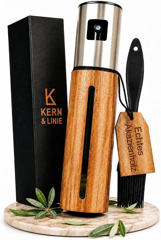 Kern & Linie ++ECHTHOLZ++ Ölsprüher aus Akazienholz – Ölsprüher aus Glas für Öl & Essig | Feiner Sprühnebel | Ölspray für Heißluftfritteuse, Grill und Küche | 100 ml
