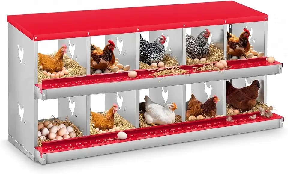 10 Compartment Chicken Nesting Box, Heavy Duty Metal Laying Box with Perch, Easy Assembly & Easy Clean for Outdoor Chicken Coop, Red