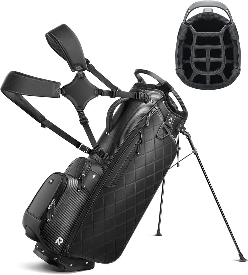 14 Way Golf Stand Bag, Full Length Dividers PU Leather Golf Bag with Plush Top for Men/Women, Waterproof & Versatile Storage Golf Bag with Cooler, Rain Cover and Removable Straps