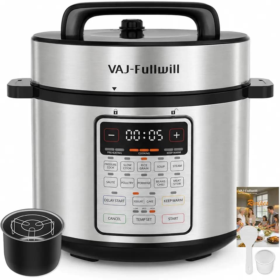 VAJ 8-Quart Electric Pressure Cooker, 12-in-1, 14 Presets, 1200W, Silver
