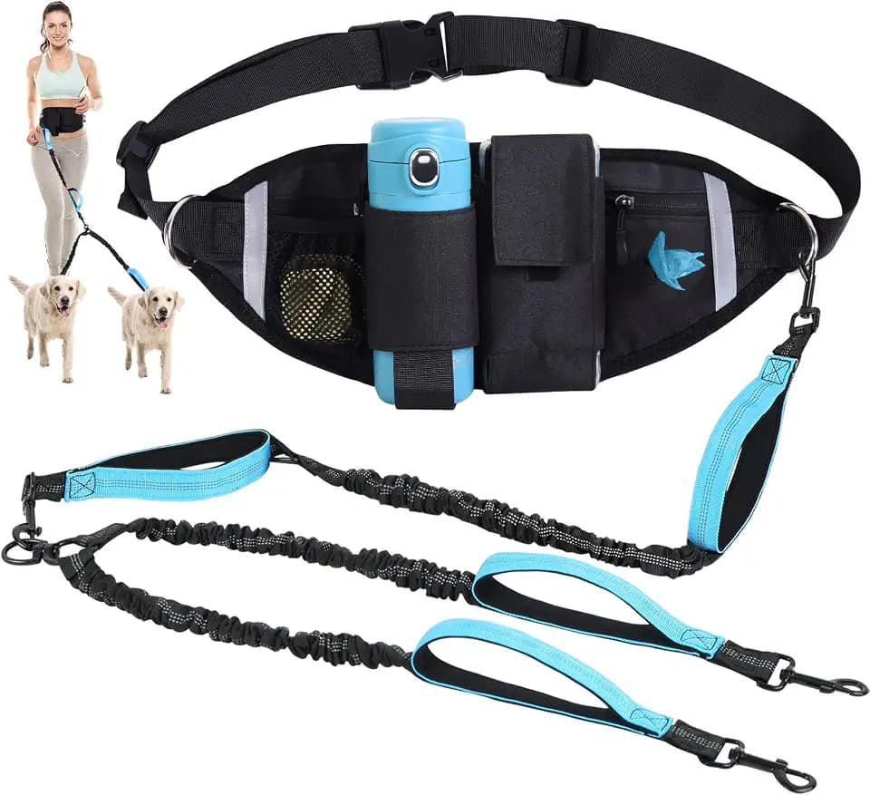 Hands Free Dog Leas, Double Waist Leash for Two Dog Walking (Blue)