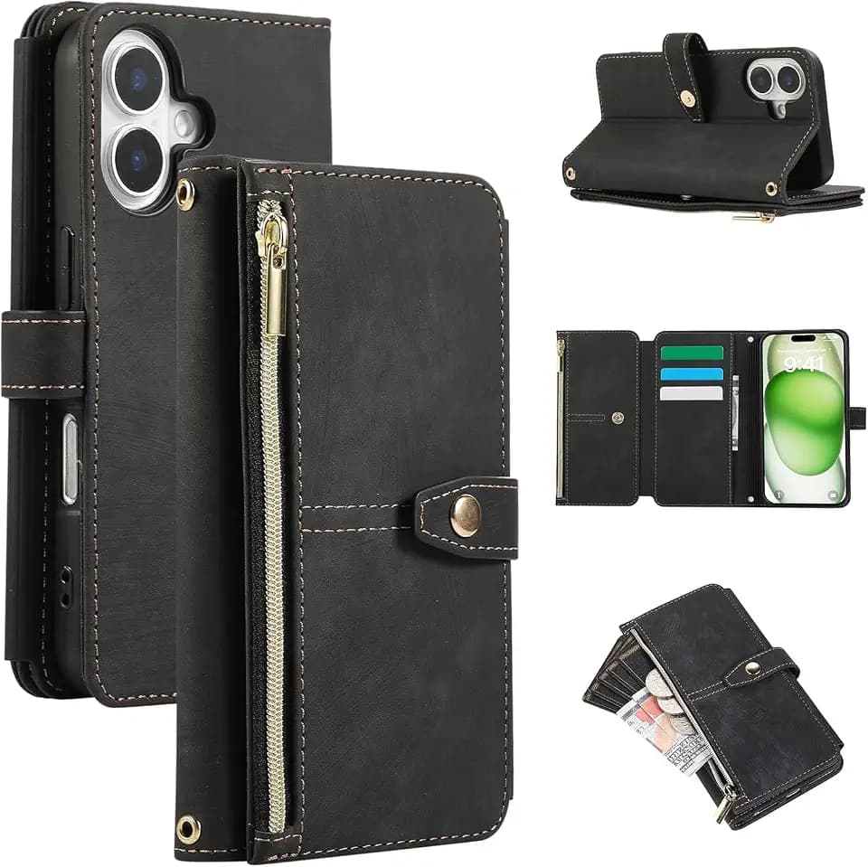 UEEBAI Wallet Case for iPhone 17, 9 Card Slots Retro Leather Wallet Flip Cover for Women with Hand Strap Card Slots Zipper Pocket Kickstand Handbag Magnetic Closure Flip Case - Black