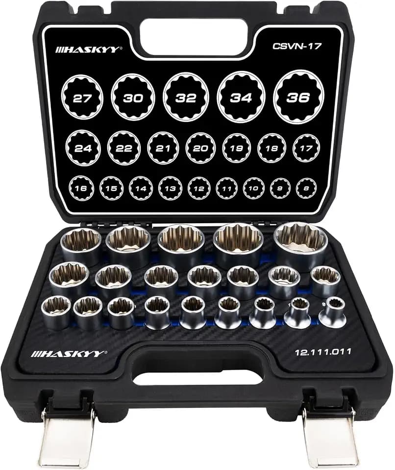HASKYY Steckschlüsselsatz Vielzahn XZN 8-36mm Steckschlüssel Nusskasten Satz 6 und 12 Kant 1/2" Zoll Torx Stecknüsse System 21-teilig Außenvielzahn Schraubendreher-Set