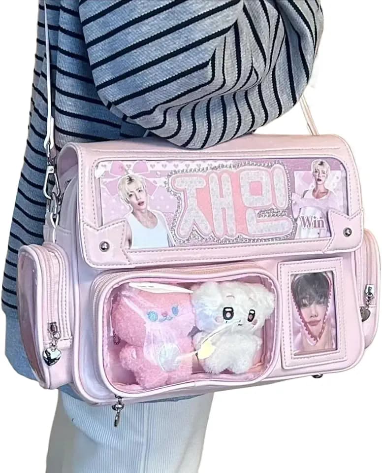 Cute Double Shoulder Ita Bag Kawaii Pin Display Dorm Supplies Japanese-style Women Large Capacity Single Shoulder Bag (Pink)