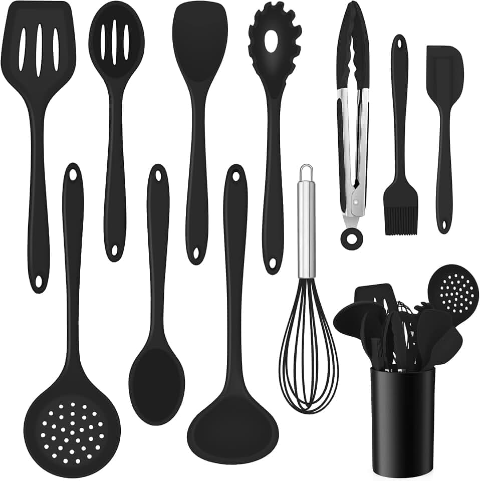 Onader 12 Teiligs Silikon Küchenhelfer Set, Küchenutensilien Schwarz
