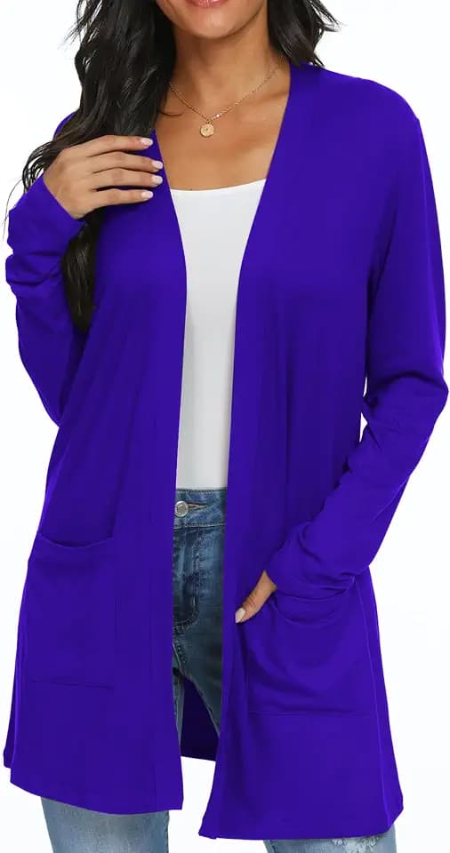 QIXING Casual Leichte Strickjacke Damen Lang Elegant Dünne Strickjacke Lange Ärmel mit Taschen Open Front Cardigan Damen Herbst