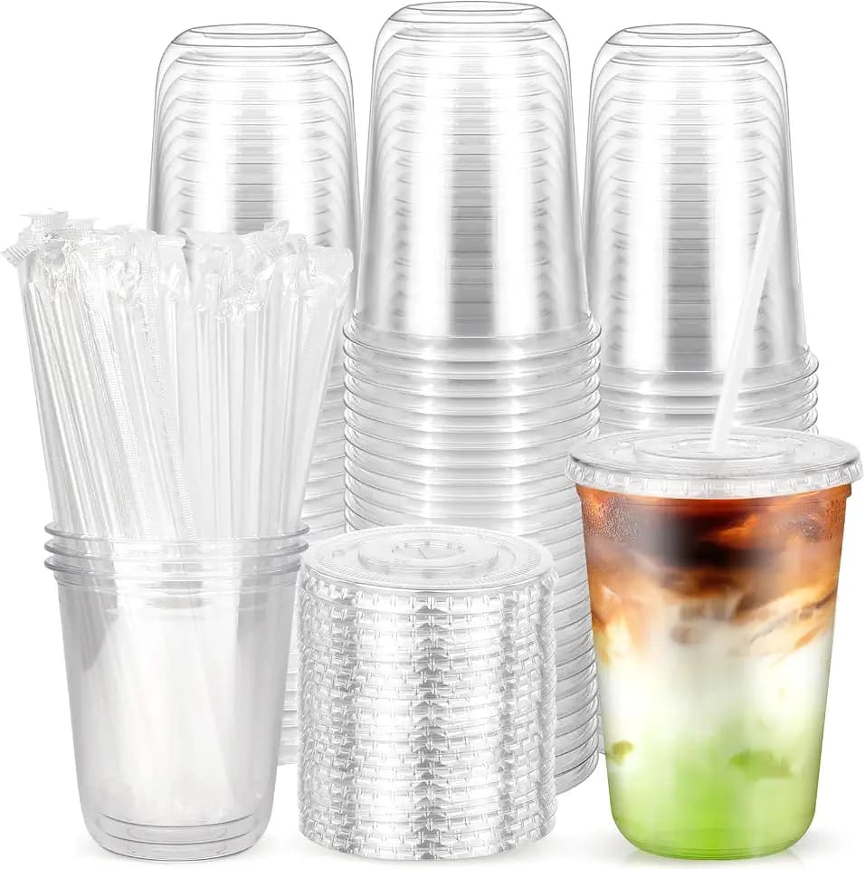 100 Pack 14 oz Plastic Cups with Lids, Clear Small Coffee Cups with Straws