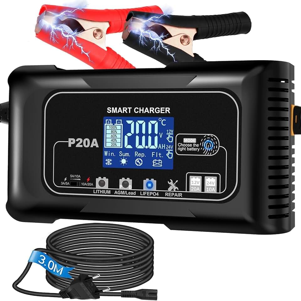 HTRC 20A Autobatterie Ladegerät 12V/24V für AGM, Gel, EFB und LiFePO4-Akkus