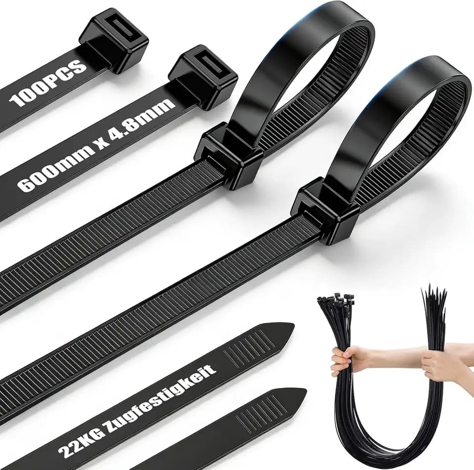 Kabelbinder Lang Schwarz, Zip Ties 100 Stück 600mm x 4,8mm für Kabelmanagement, Zugfestigkeit 22KG, UV Beständig, Cable Ties für Werkstatt, Elektroinstallation,Gartenarbeit