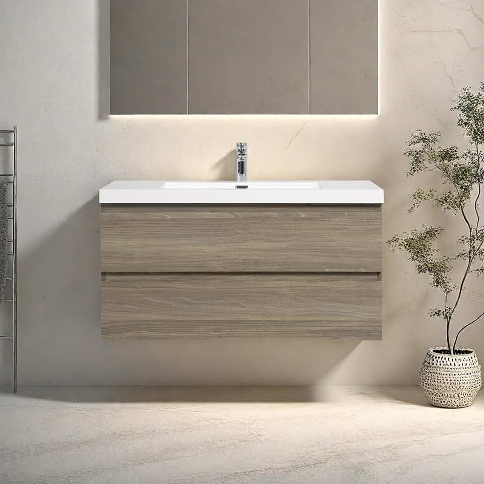 Floating Bathroom Vanity with Sink, Modern 42" Wall Mounted Vanity with Resin Top Basin and 2 U-Shaped Soft-Close Storage Drawers, Bathroom Storage Cabinet with Invisible Handle, Grey
