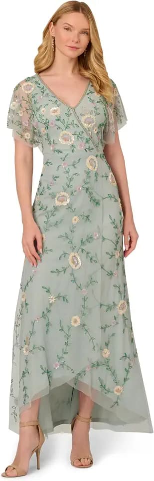 Adrianna Papell Women's Beaded Wrap Dress - Floral Beaded Evening Gown with Flutter Sleeves & High Low Skirt