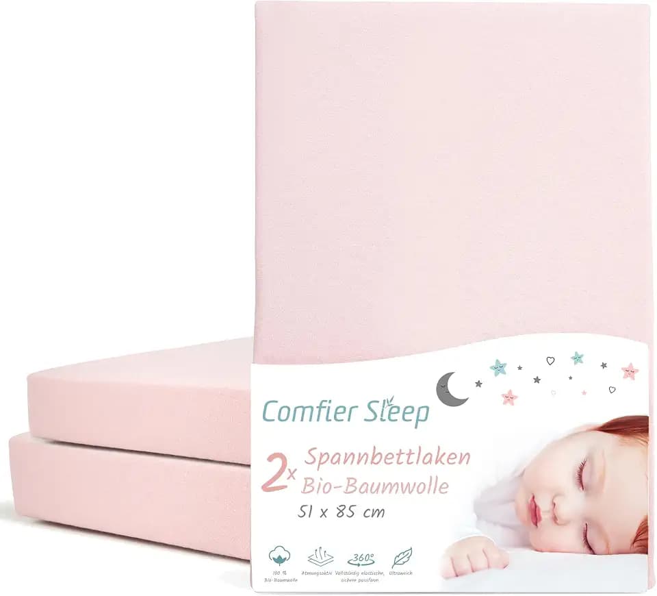 Spannbettlaken Kinderwagen 51x85 – 2er-Set Rosa Spannbettlaken aus Bio-Baumwolle – Waschbar & Atmungsaktiv – für Kinderwagenmatratze
