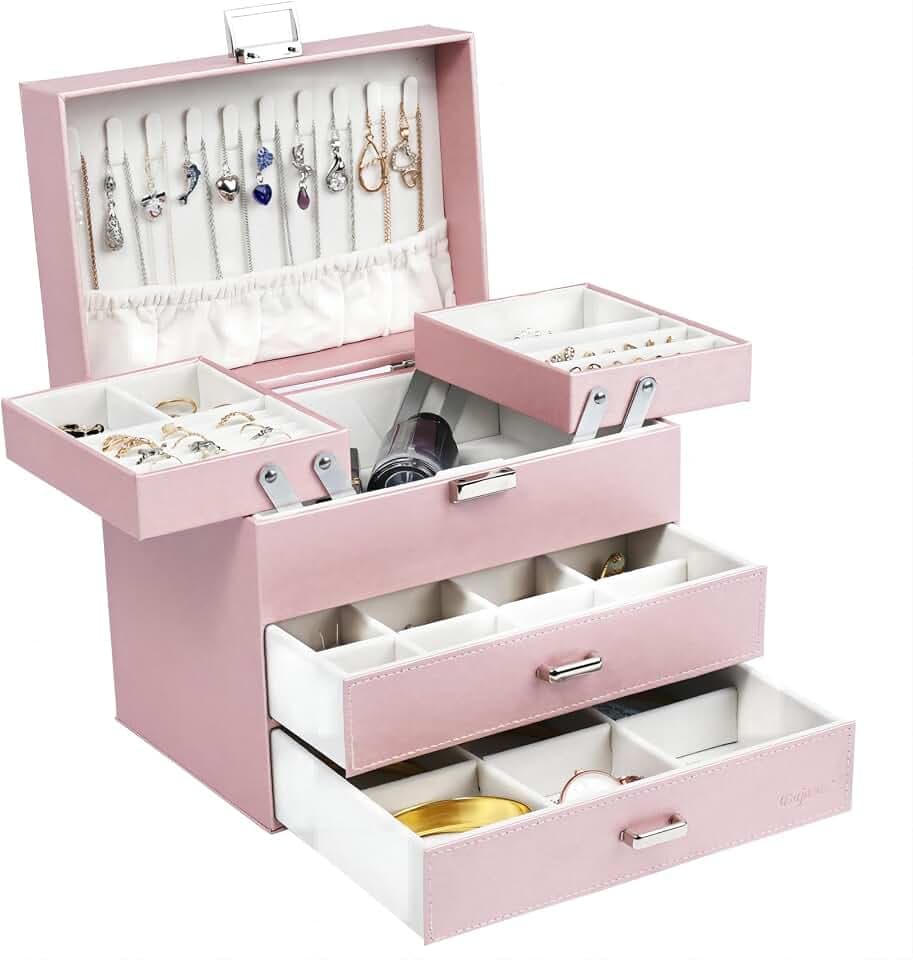 Dajasan Schmuckkästchen, Groß Schmuckkasten für Mädchen, 4 Ebenen Schmuckaufbewahrung für Schminktisch, Geschenk für Valentinstag, Muttertag, Weihnachten, Modern (Rosa)