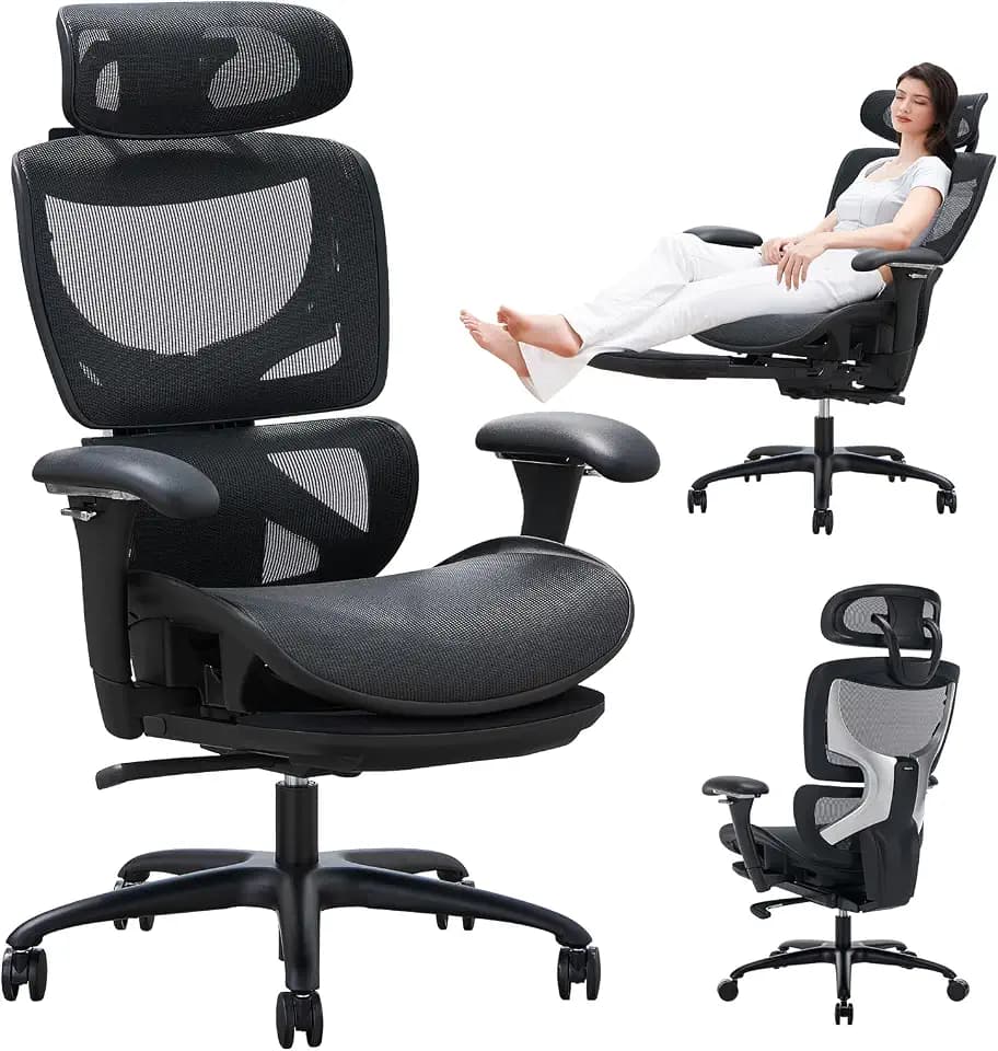 COLAMY Ergonomischer Bürostuhl mit Fußstütze – Chefsessel mit hoher Rückenlehne, Verstellbarer Kopfstütze & 3D-Armlehnen – Atmungsaktives Mesh, dynamische Lendenstütze, höhenverstellbar – Schwarz