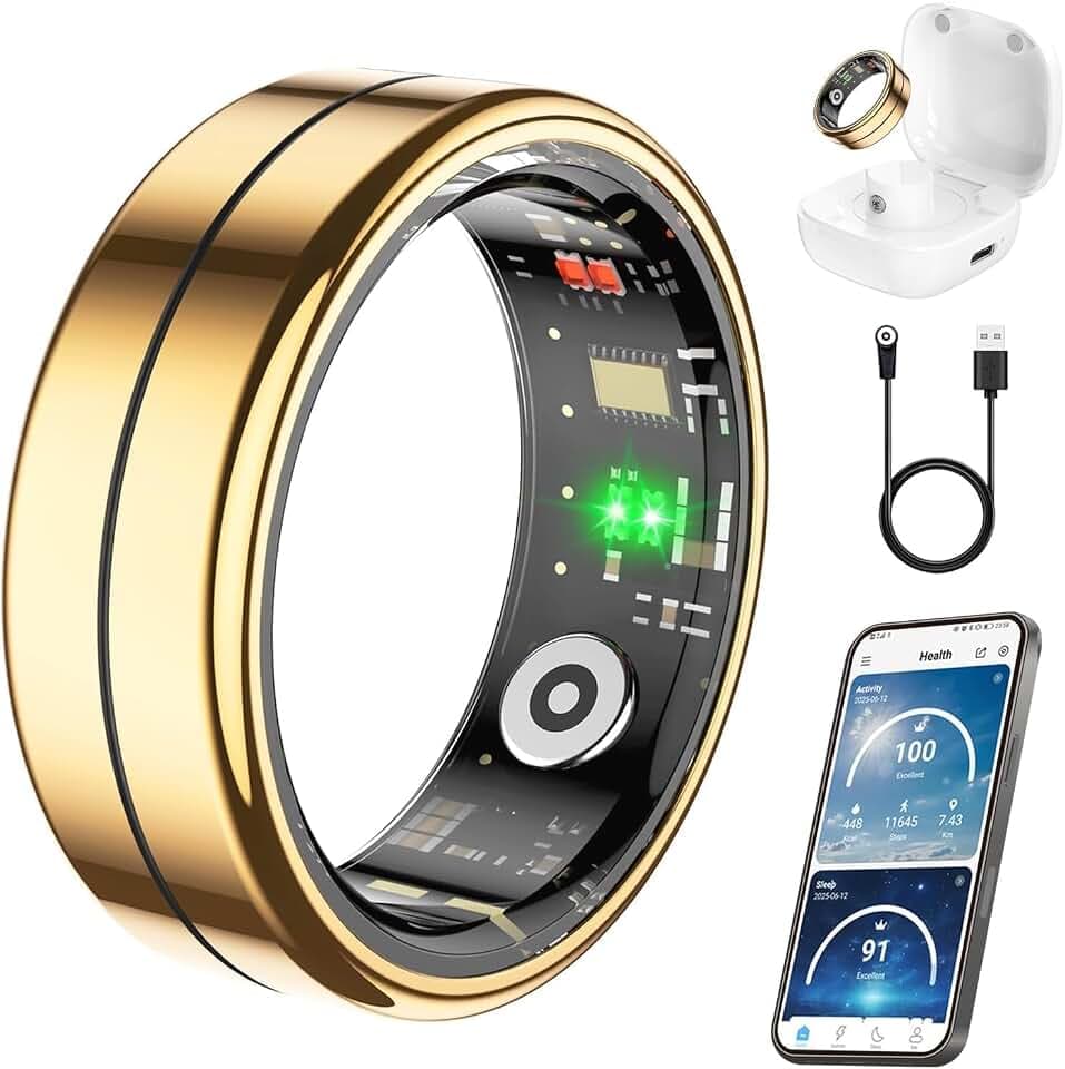 Fit Ring, Smart Health Rings for Women Men with Heart Rate,Blood Oxygen,HRV,Stress Level, Sleep Monitor, Step Tracker, No Subscription Fee, IP68 Waterproof Smart Ring for iphone &Android (Gold, 10#