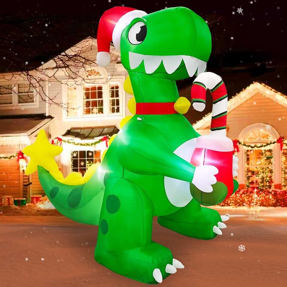 7 FT Dinosaur Inflatable Christmas Decorations Outdoor Candy Cane Stocking