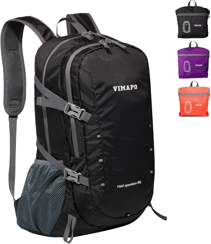 Packable Lightweight Backpack 40L, Ripstop Nylon Foldable Traveling Daypack, Collapsible Hiking Backpack For Outdoor(Black)