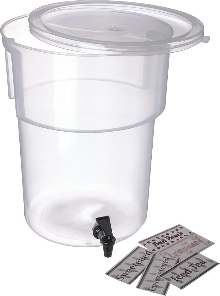 Carlisle FoodService Products Round Beverage Dispenser Drink Dispenser with Spigot for Catering, Plastic, 5 Gallons, Clear