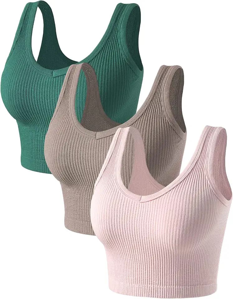 PINKSAVIOR Tank Tops for Women 3 Pack Crop Ribbed Fitted V Neck Tanktops