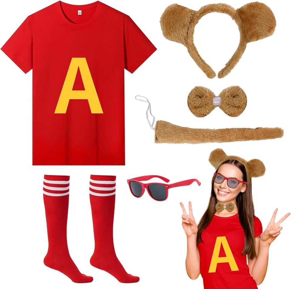 Streifenhörnchen-Kostüm-Set, Kostüm-Set mit T-Shirt, Streifenhörnchen-Ohren, Stirnband, Fliege, Schwanz, gestreifte Socken, Brille für Welttag des Buches, Halloween, Cosplay, Tiermottoparty