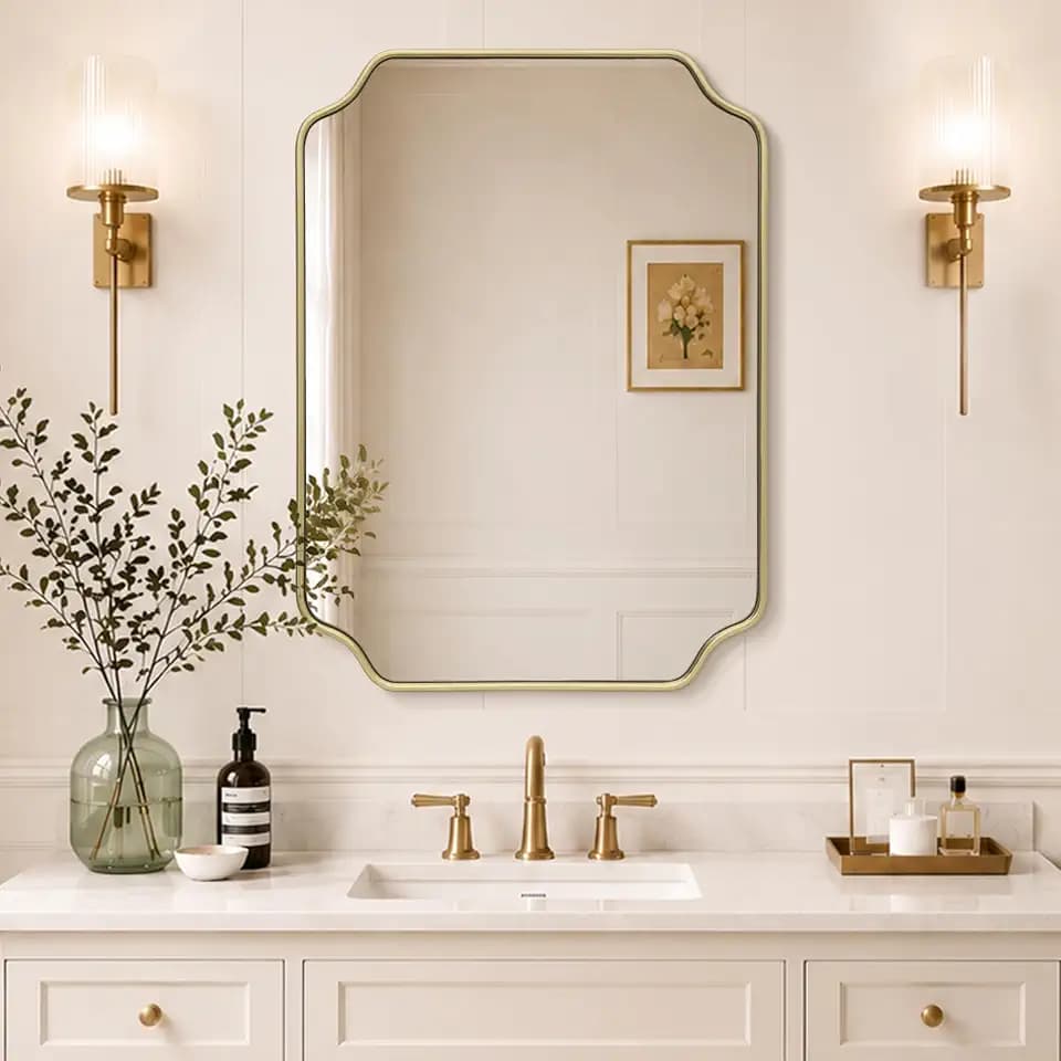 Besdomus Gold Modern Bathroom Mirror: 24"x32" Minimalist Vanity Wall Mirror