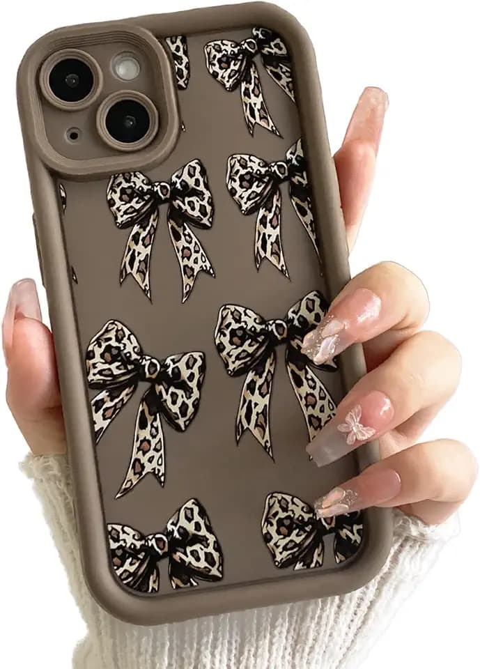 Lovmooful for iPhone 15 Case Cute Ribbon Bow with Leopard-Brown