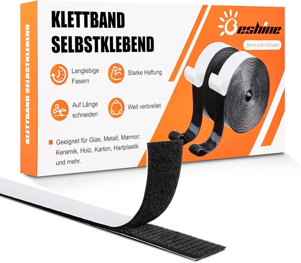 Beshine Klettband selbstklebend, 30mm x 6m Premiumqualität Doppelseitiges Klebeband mit Klettverschluss Selbstklebend und Hakenband(Schwarz)