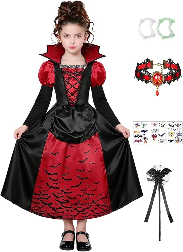 FOVER Vampir Kostüm Kinder Mädchen Dracula Kostüm Kinder Gothic Royal Vampirin Königin Cosplay Outfit mit Zubehör Halskette Zähne Halloween Karneval Mottoparty Dress Up Set