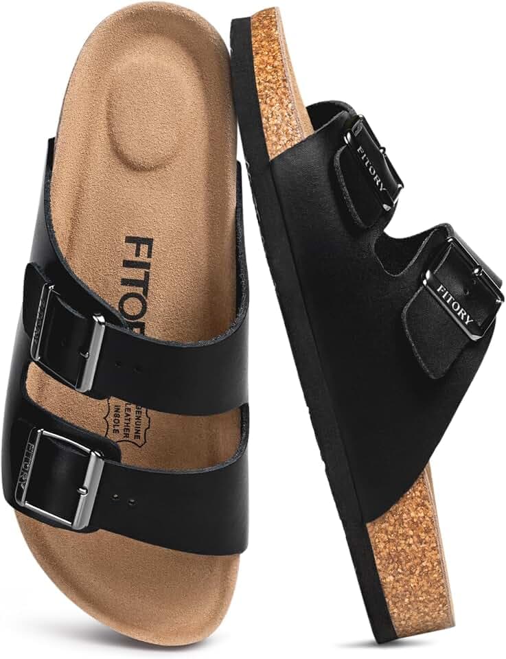 FITORY Herren Leder Sandalen, Orthopädische Pantoletten mit Kork Fußbett, Sommer Schlappen Größe 40-46