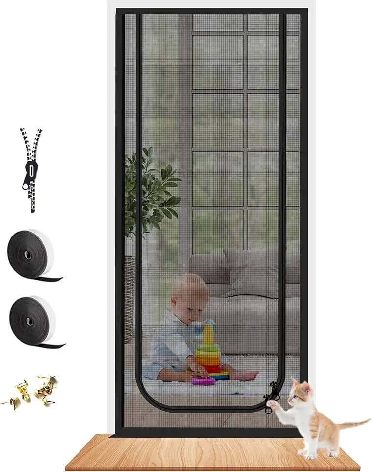 Dixutzi Pet Screen Door Thickened Cat Resistant Mesh Screen Door for Living Room, Bedroom, Kitchen, Patio, Dog Cat Scratch Proof Screen with Zipper Closure (Fits Door Size up to 35''x 80'', Black)