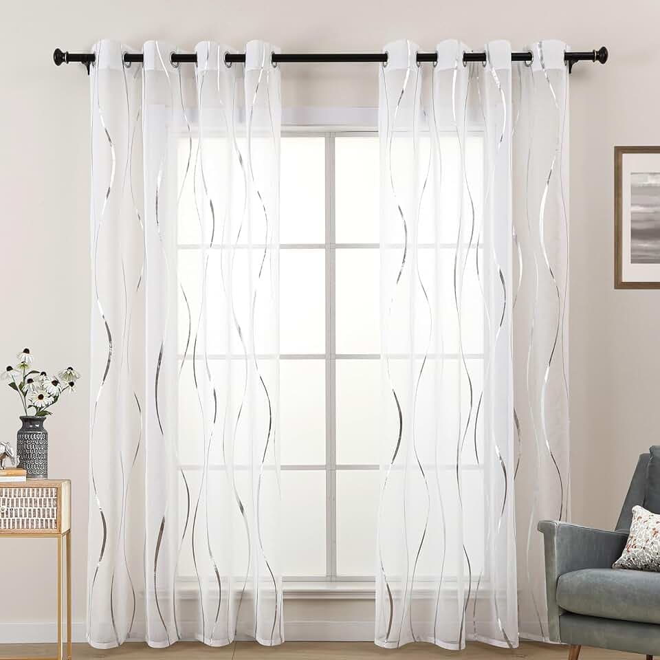 L.Z.E Silber Weiß Gardinen Vorhänge, Transparente Wellenmuster Gardine Vorhang für Wohnzimmer Schlafzimmer Arbeitszimmer, 2er Set Dekogardine Schal mit Ösen, 225 cm Lang (LZE2250E-S225)