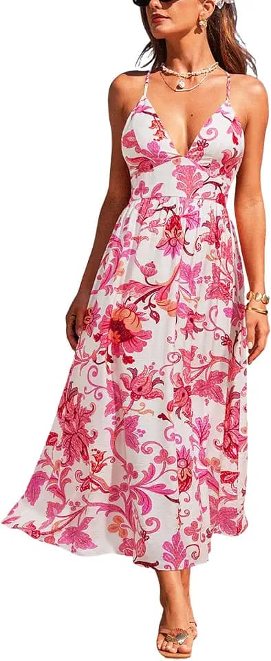 CUPSHE Womens Summer Dress Backless Cami Strap High Waist Pleats Long Sun Dress Casual Skinny Vacation Beach Maxi Dress