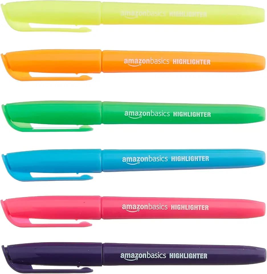 Amazon Basics Textmarker 12er-Pack mit 6 verschiedenen Neonfarben, langlebige Meißelspitze, Stifte für Erwachsene und Kinder, mehrfarbig