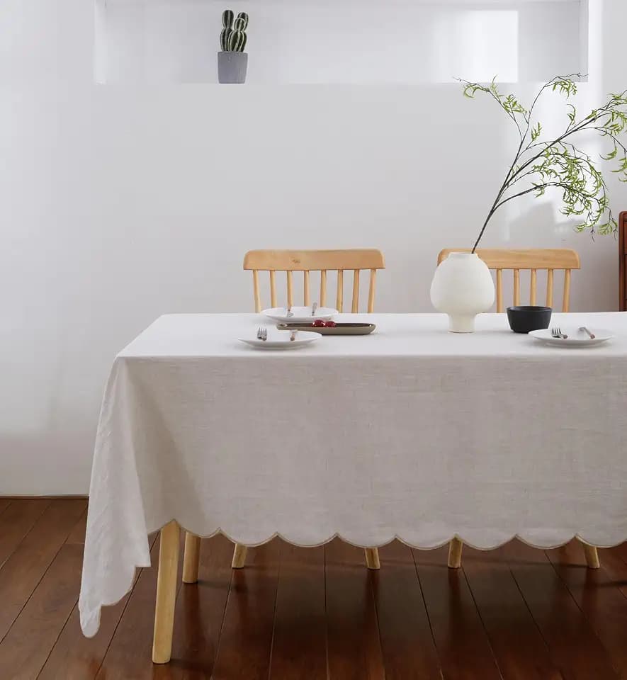 100% French Flax Linen Tablecloths Scalloped Embroidery Rectangle 84Lx60W Inch for Dinners, Parties, Spring, Easter, Machine Washable, 6-8 Sets, 60''x84'', Linen(Edges-Gold)
