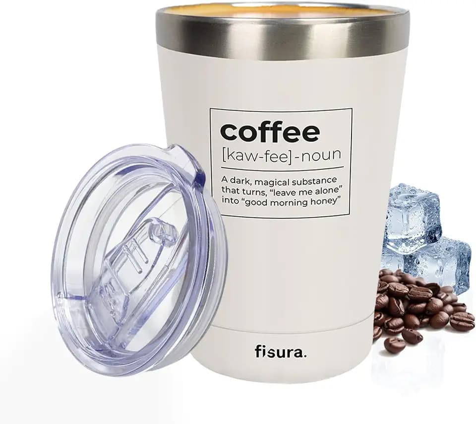 Fisura – Originaler Thermobecher "Coffee". Weißer Thermobecher für Kaffee zum Mitnehmen. Kaffeetasse 310 ml. Isolierbecher aus Edelstahl. BPA-frei. Autotauglicher Becher.