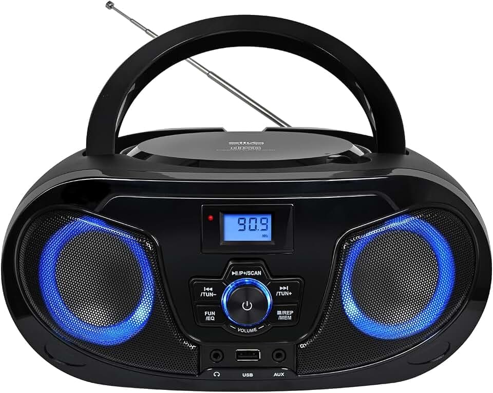 Silva Schneider MPC 25.7 BT – Tragbarer CD-Player mit Bluetooth, UKW-PLL-Radio, USB-MP3 Wiedergabe, Stereo Sound, 5 Klangprofile, LCD-Display, LED-Beleuchtung, Netz- & Batteriebetrieb, AUX & Kopfhörer