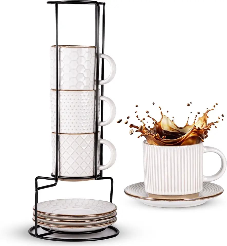 GBhome 6 OZ Coffee Mugs with Saucer and Stand, Ceramic Espresso Coffee Cup