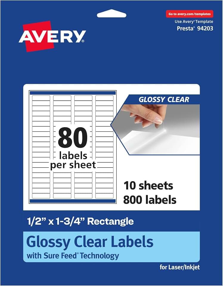 Avery® Glossy Clear Rectangle Labels, Sure Feed® Technology, 0.5" x 1.75", 800 Glossy Clear Labels, Laser/Inkjet Printable