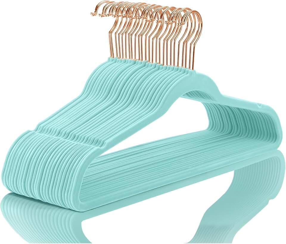 MIZGI Velvet Hangers 50 Pack Non Slip Heavy Duty Aqua Blue Rose Gold Hooks