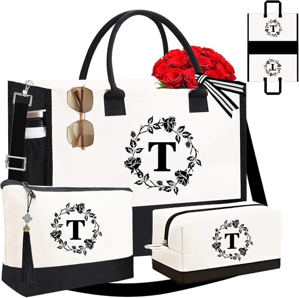 Monogrammed Tote Bags, 3PCS Initial Personalized Monogram Tote Bags for Women, Birthday Gifts Canvas Bag