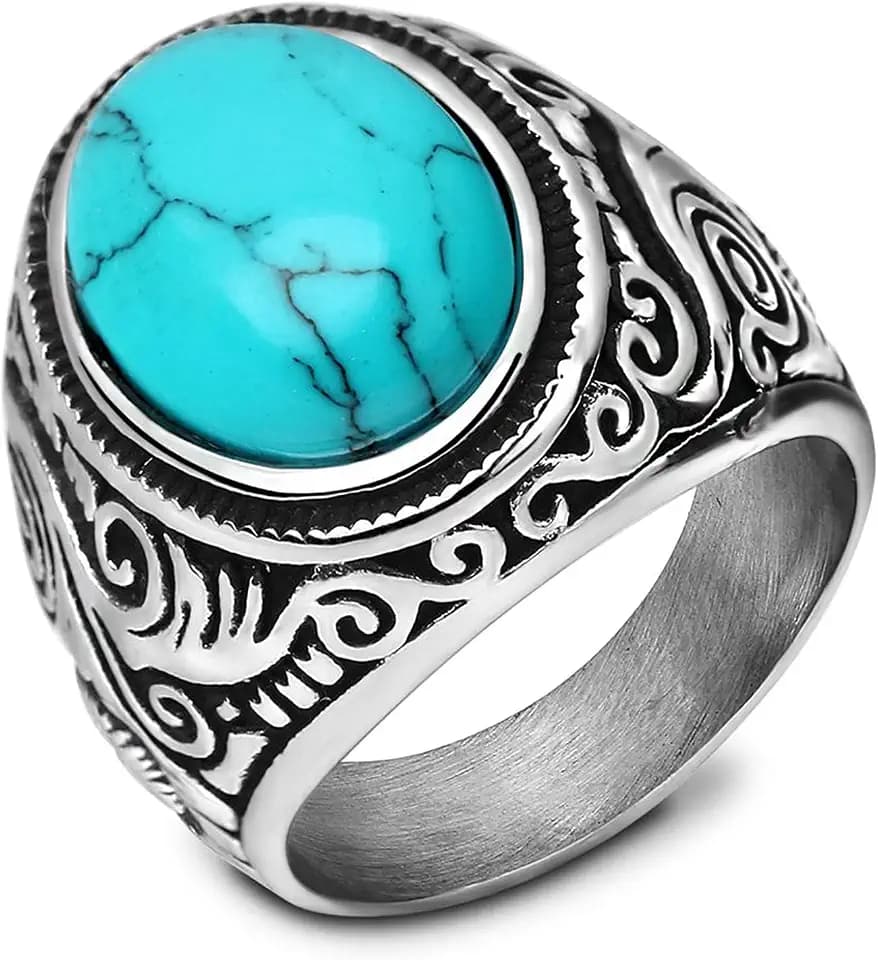 MYNENEY Retro Vintage Stone Rings for Men Turquoise Rings Stainless Steel