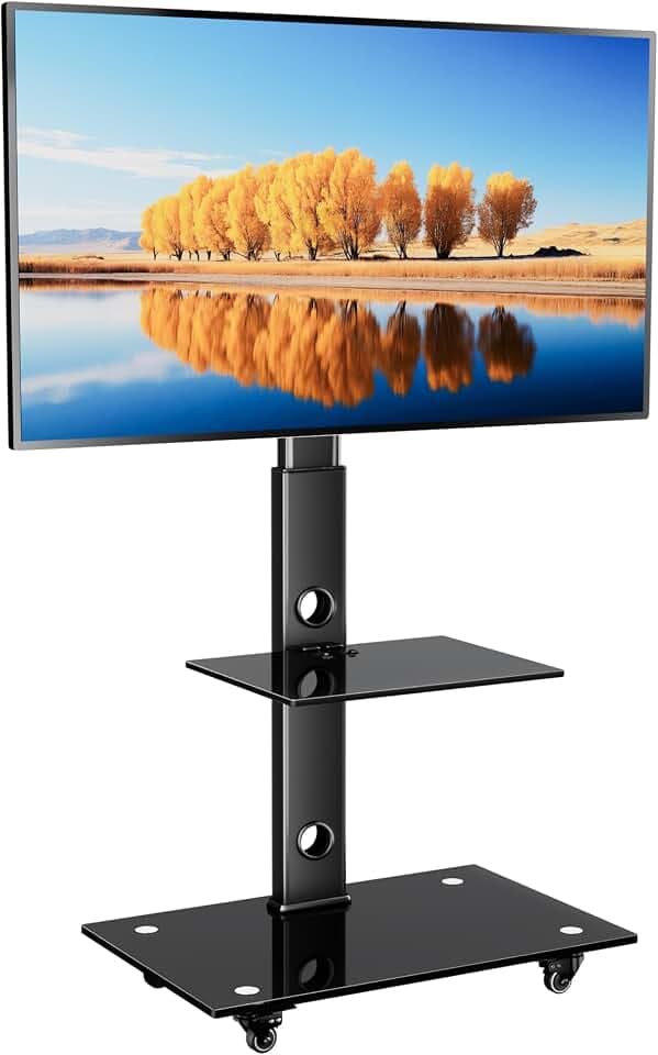 BONTEC TV Ständer Rollbar für 30-70 Zoll Fernseher, 2 Ablagen, bis zu 40 kg | Fernsehständer mit Rollen, 6 Höhenstufen und 2 Ablagen aus gehärtetem Glas, max. VESA 600x400 mm
