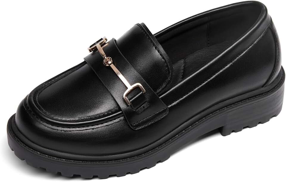 Coutgo Girl's Platform Loafers Slip On Chain Chunky Heel Leather Flats Round Toe School Uniform Dress Shoes
