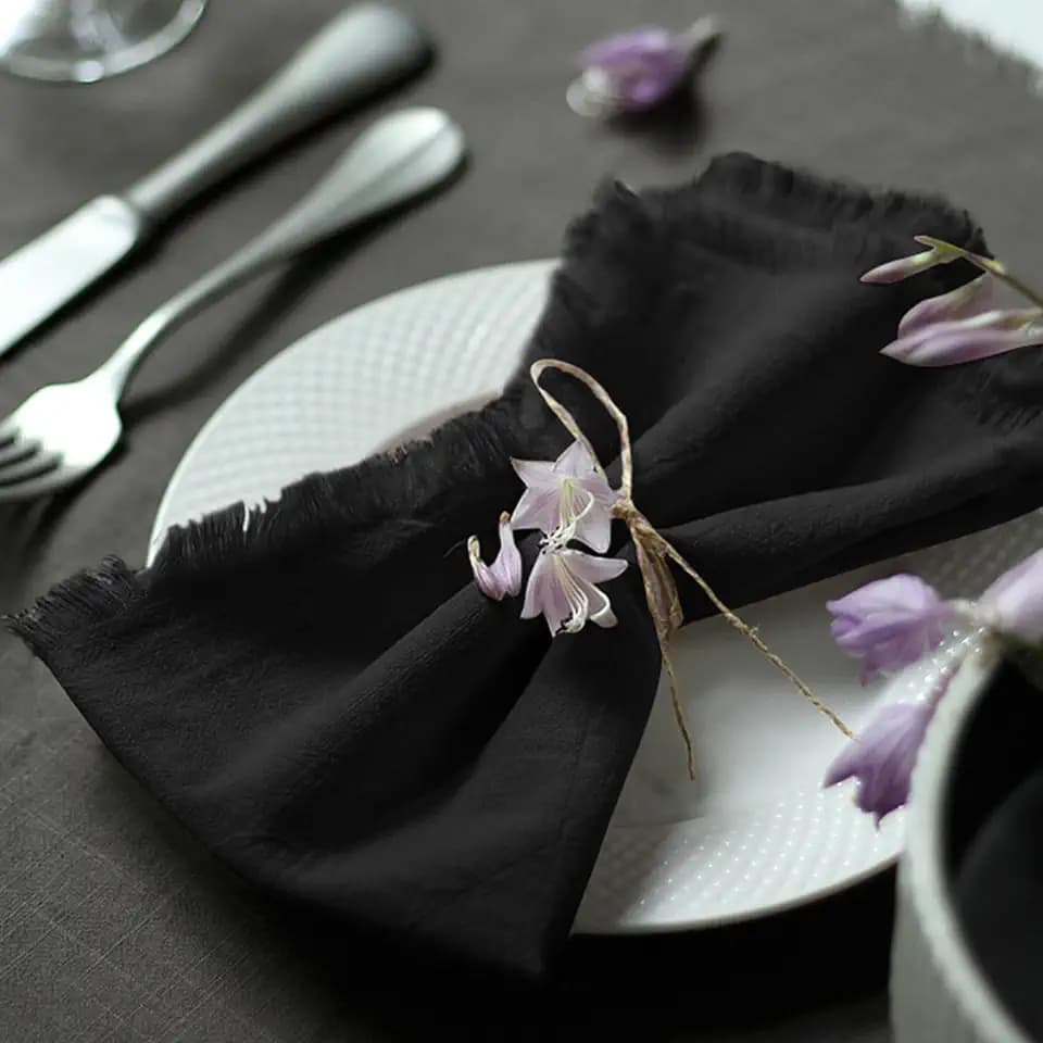 Handmade Cloth Napkins with Fringe，18x18 Inch Set of 12 - Black