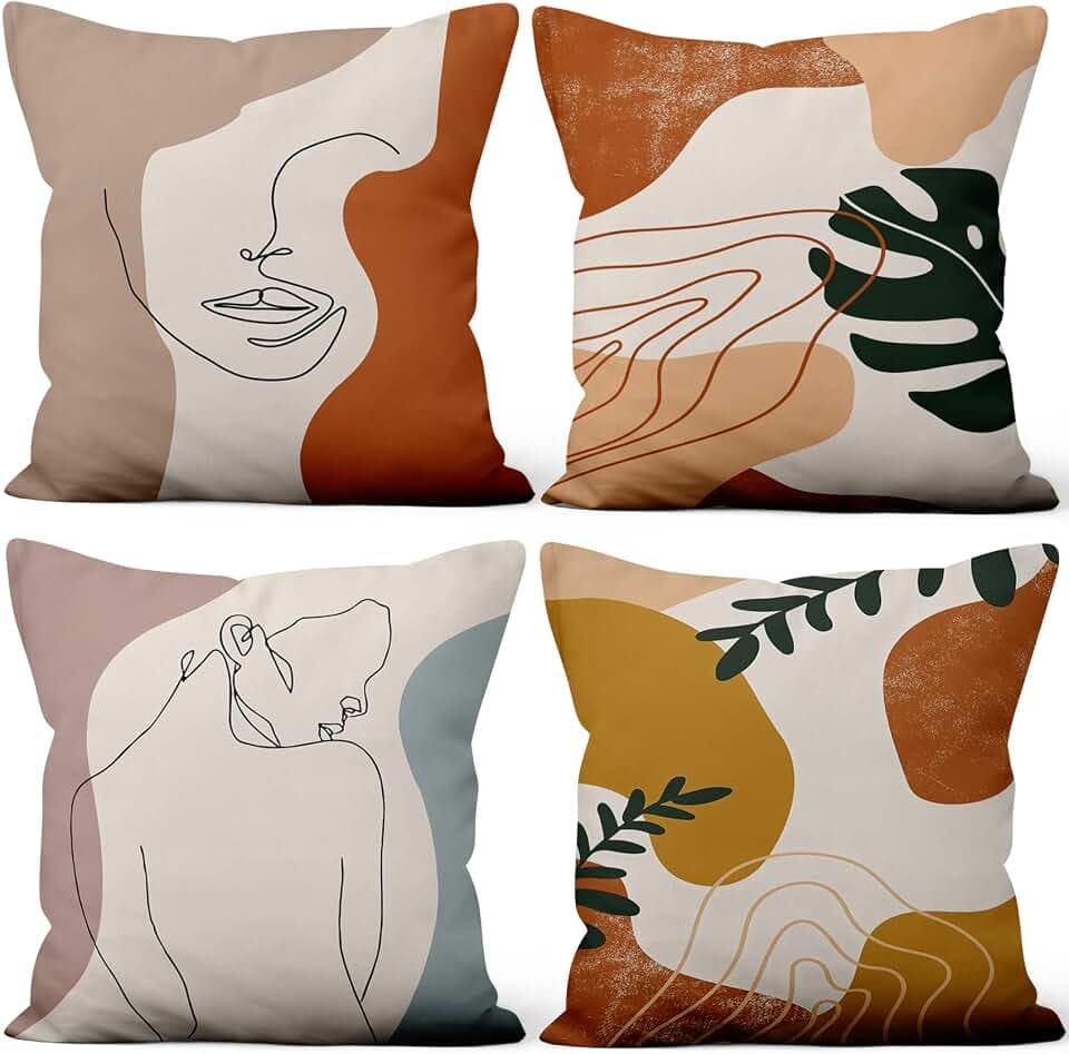 Aoihrraan Kissenbezüge 4er Set, Abstrakte Minimalistische Dekokissenbezüge Mann Gesicht Frau Körperlinie Blätter Weicher Kurzer Plüsch Quadrat Kissenbezug Sofa Couch 40x40cm (Verblasster Retro Stil)