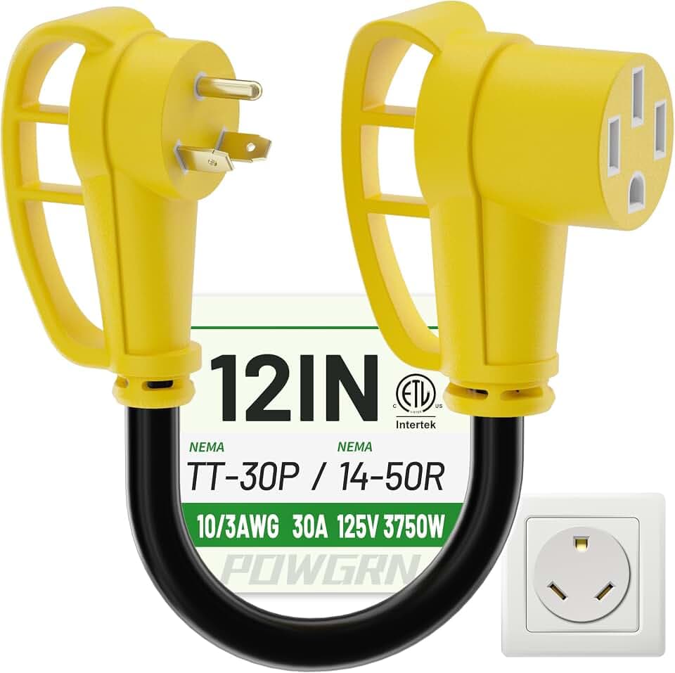 POWGRN 30 Amp to 50 Amp RV Adapter Cord 12 inch Yellow, STW 10AWG 30A 125V