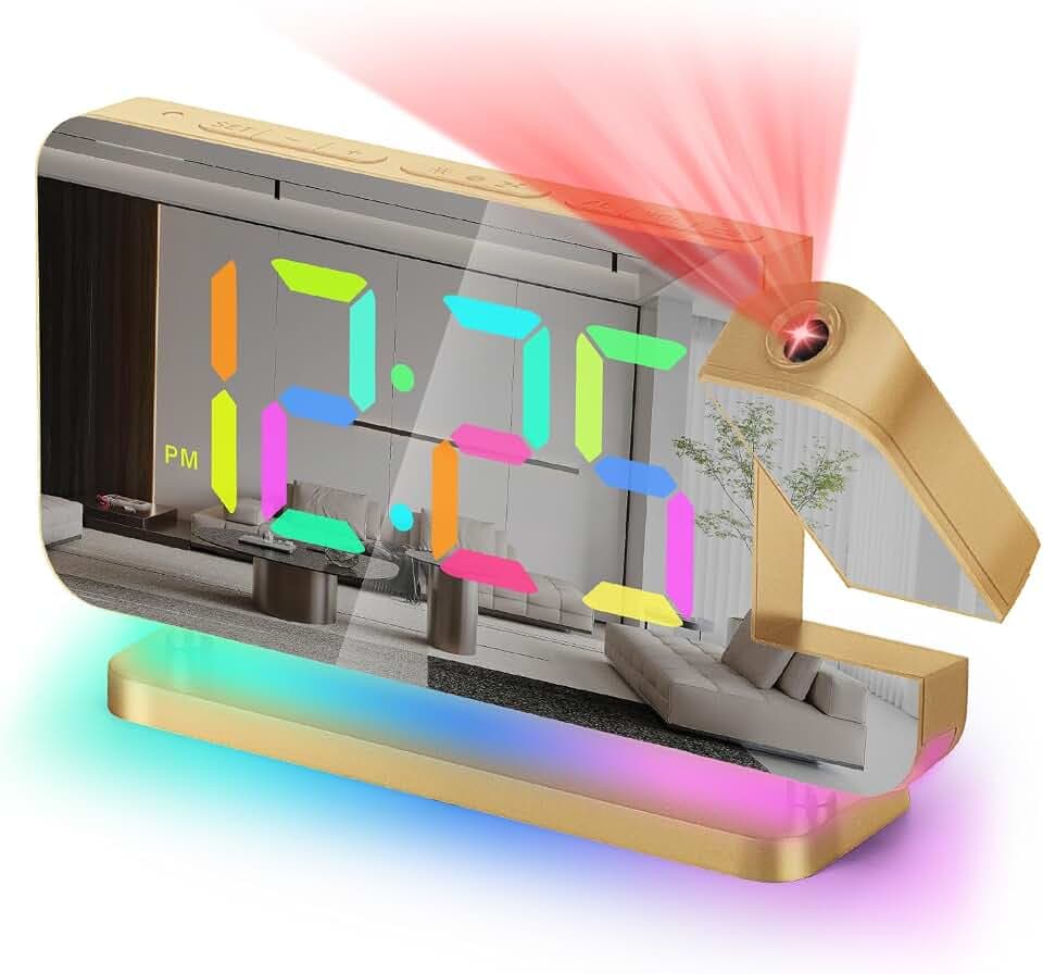 Projection Alarm Clock for Bedroom,7.4" LED Mirror Digital Clock Large Display,with RGB Night Light,180° Rotatable Projector,USB C Port,Auto Dimmer, Loud Desk Clock for Heavy Sleeper - Gold