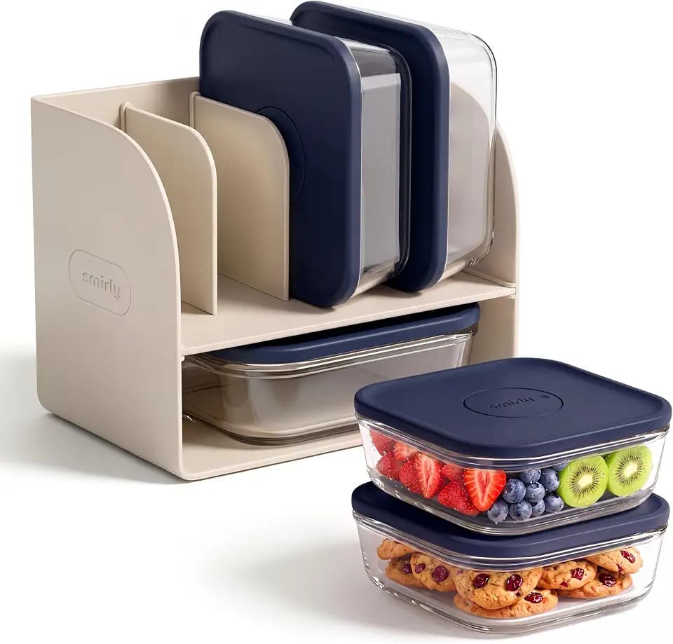 SMIRLY Glass Food Storage Containers with Lids & Organizer, 5-Pack (Blue)